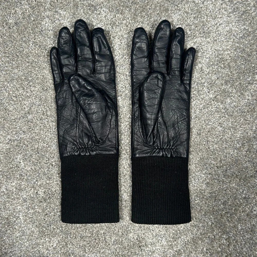 Fownes Black Genuine‎ Leather Gloves with Ribbed Knit Cuffs Size 7.5